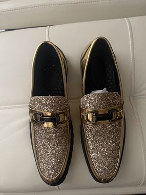 Gold Glitter Slip-On Loafers for Women